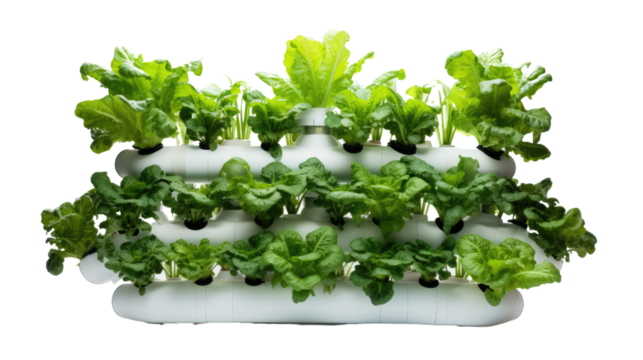 Photograph of a futuristic hydroponic system, with rows of healthy plants growing in a nutrient-rich solution, representing the advancement of agricultural technology