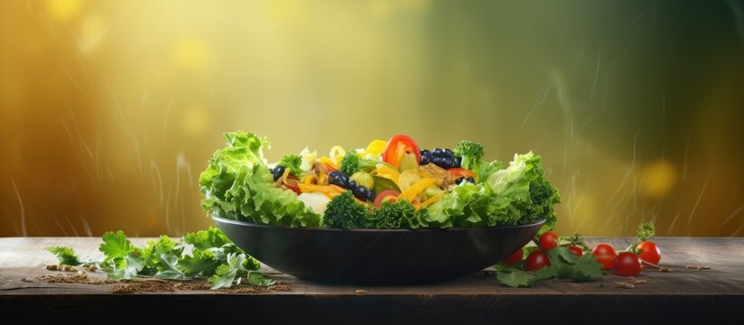 The image features a salad made of chok poy and kale leaves presented on a background board It is a concept card representing healthy eating and organic vegan food A copy space is available for custo