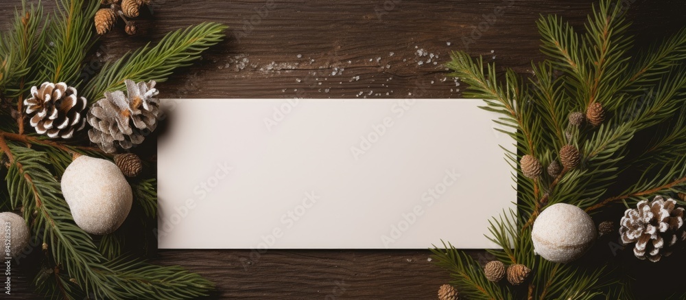 Poster a creative flat lay mock up scene featuring a nature inspired new year s concept with a christmas tr