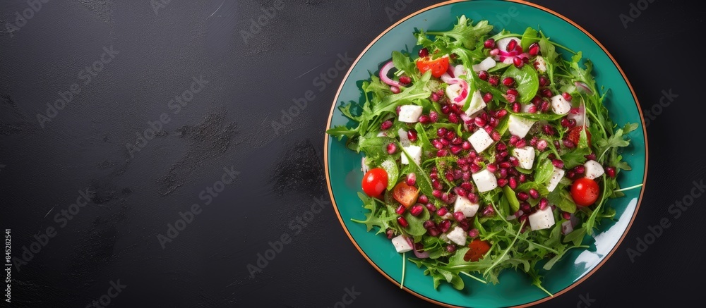 Poster a colorful salad with arugula feta cheese red onion tomato and pomegranate seeds adorns a green plat