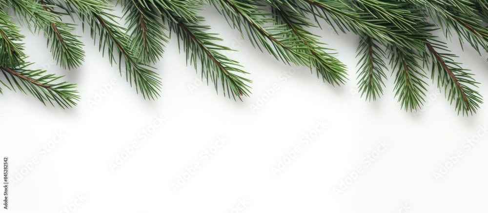 Aufkleber Christmas wallpaper with fir branches placed on a white wooden background captured in a flat lay perspective with enough copy space for additional elements