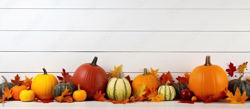 Aufkleber copy space image of a thanksgiving display featuring pumpkins orange squash autumn leaves and red an