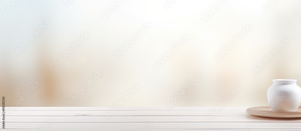 Poster a white wooden table sits empty against a blurred interior background providing a clean and versatil