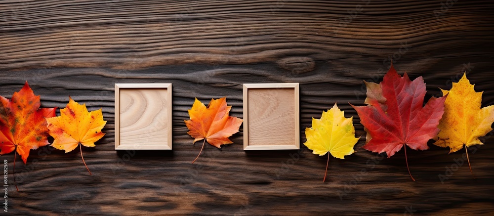 Poster postcards with a wooden background capturing the essence of autumn beautifully framed by colorful le