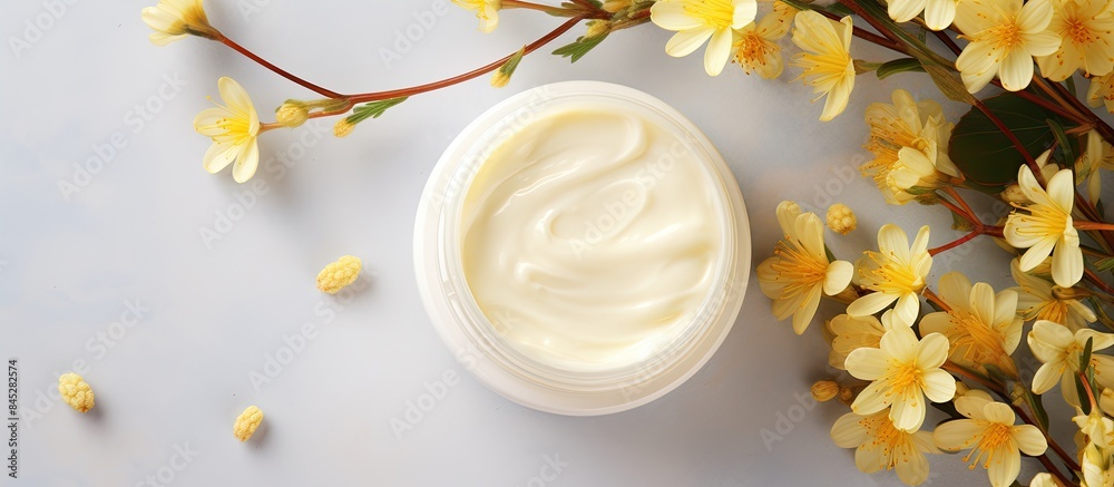 Poster A healing face cream for troubled skin stored in an open jar with a textured appearance offers moisturizing care The image features copy space and showcases yellow flowers in a top view flat lay