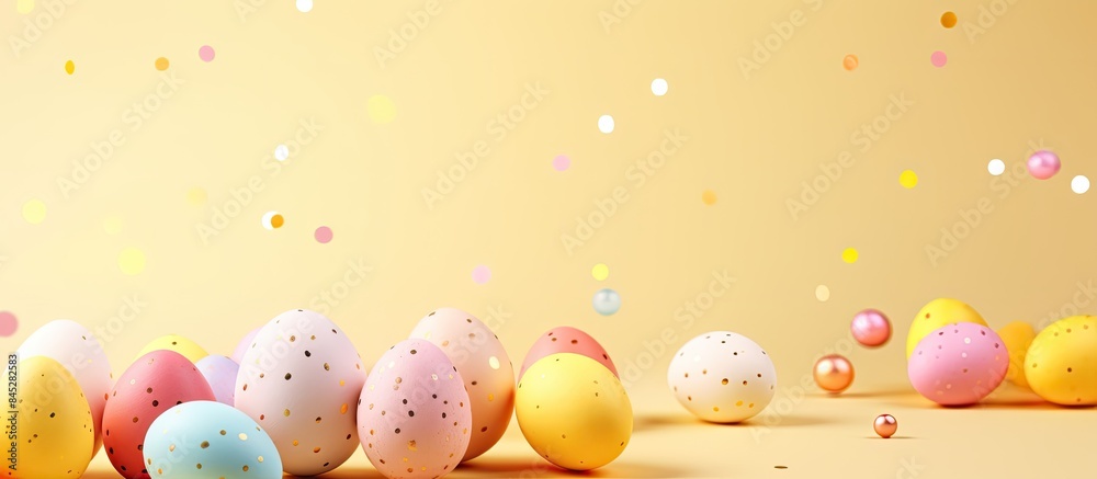 Aufkleber a joyful easter themed background with colorful painted eggs on a modern yellow pastel backdrop this