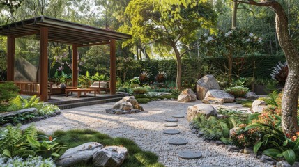 A tranquil meditation garden with neatly raked gravel, carefully arranged rocks, and lush greenery, designed to create a peaceful and serene space for quiet reflection and relaxati