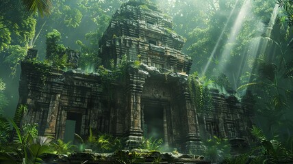 Ancient temple ruins surrounded by lush greenery and sunlight