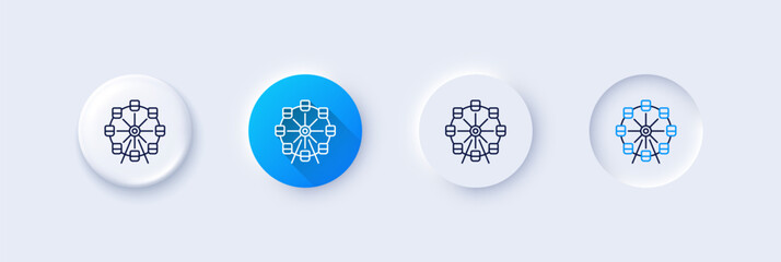 Ferris wheel line icon. Neumorphic, Blue gradient, 3d pin buttons. Amusement park sign. Carousels symbol. Line icons. Neumorphic buttons with outline signs. Vector