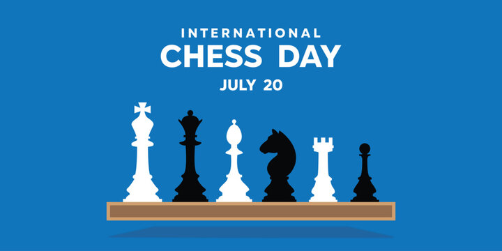 International Chess Day. King, queen and more. Great for cards, banners, posters, social media and more. Blue background. 