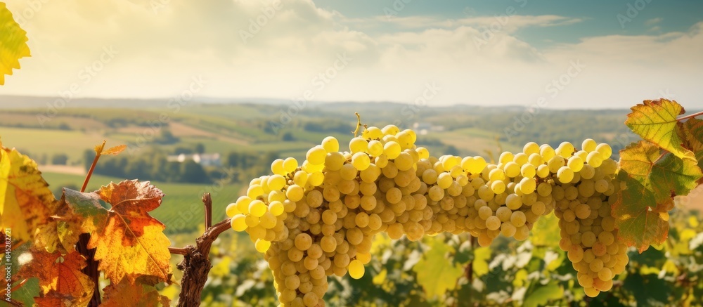 Poster a close up of fresh white grapes growing on a grapevine in autumn set against a panoramic background