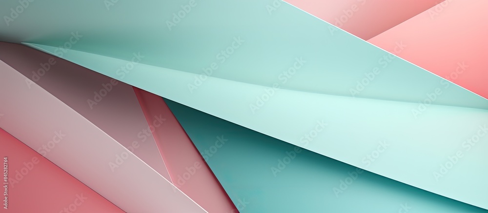 Poster Minimal geometric shapes and lines in pastel pink light blue and green colors make up an abstract colored paper texture for a copy space image
