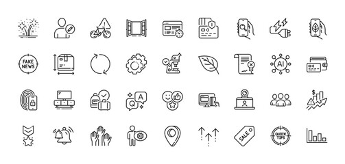 Rise price, Lock and Box size line icons pack. AI, Question and Answer, Map pin icons. Fireworks, Video conference, Bell web icon. Web timer, Leaf, Card pictogram. Vector