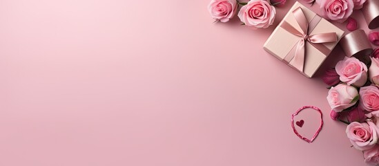 A top down photo with a pink background features gift boxes roses and a heart creating a Valentine s Day decorations concept with room for additional images