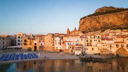Fototapeta premium Cefalu Sicily Italy aerial view at sunset 
