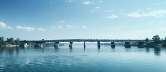 Obraz premium A beam bridge stretches across a serene blue lake with its deck securely held up by abutments or piers There is ample copy space in the image