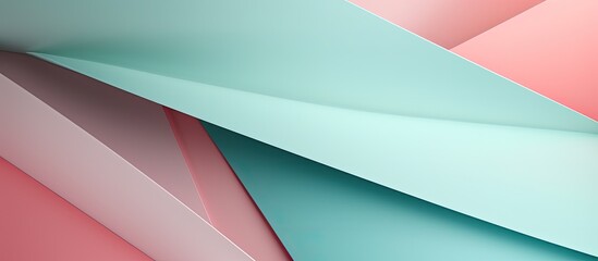 Minimal geometric shapes and lines in pastel pink light blue and green colors make up an abstract...