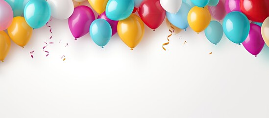 A festive flat lay style background featuring vibrant balloons presents and confetti Perfect for birthday or party greetings with room for a personalized message Copy space image