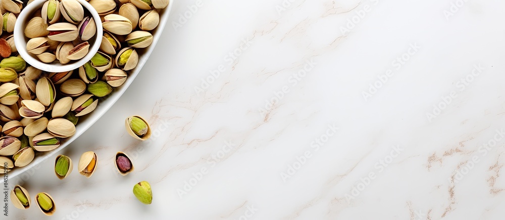 Aufkleber A healthy snack pistachio nuts displayed in a bowl on a white marble table The top view captures a close up of the enticing arrangement with plenty of copy space for additional elements in the image