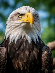 Obraz premium Close-up of a majestic bald eagle with sharp eyes and detailed feathers, set against a blurred green background.