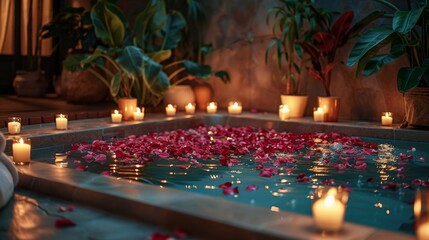 A tranquil spa setting with a soothing hot tub filled with flower petals, surrounded by candles and soft lighting, creating an atmosphere of relaxation and luxury.