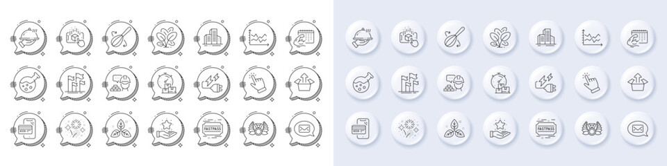 Send box, Fair trade and Laureate medal line icons. White pin 3d buttons, chat bubbles icons. Pack of Diagram chart, Electricity plug, Fast delivery icon. Vector