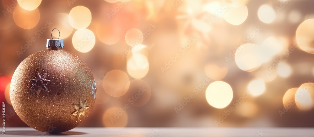 Poster background with bokeh lights featuring a christmas tree adorned with ornaments and a ball conveying 