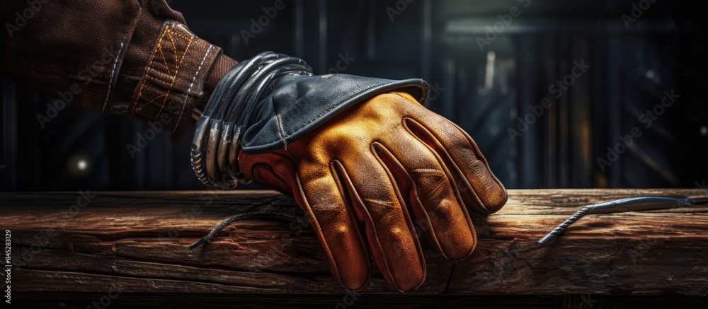 Poster Construction concept with a copy space image featuring a wooden background adorned with a composition of leather protective gloves a claw hammer and steel long nails