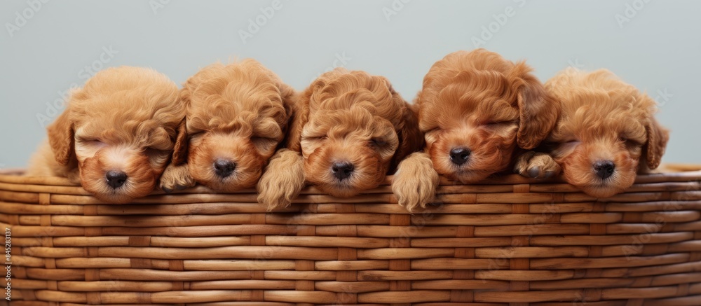Poster a top down view reveals four adorable toy poodle puppies peacefully sleeping in a small basket creat