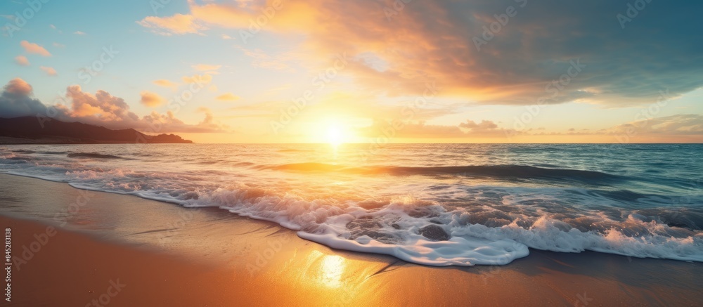 Poster beautiful sunset at the beach with a mesmerizing view of the sun disappearing into the horizon creat