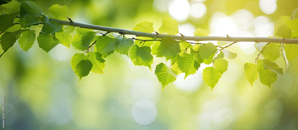 Poster Close up of birch branches with luscious green foliage creating a stunning background of blurred bokeh sun glare and ample copy space for text