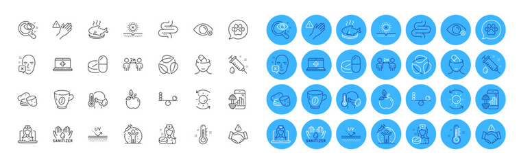 Vision test, Depression treatment and No sun line icons pack. Farsightedness, Potato, Medical drugs web icon. Thermometer, Sick man, Medical help pictogram. Telemedicine, Dont handshake. Vector