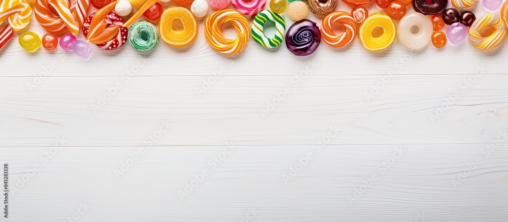 Poster A circular border consisting of colorful caramel candies is displayed against a backdrop of white wood leaving room for additional content in the image