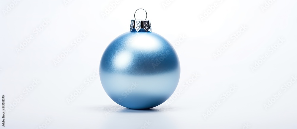Poster a silver and blue christmas ornament placed on a white background providing ample space for addition