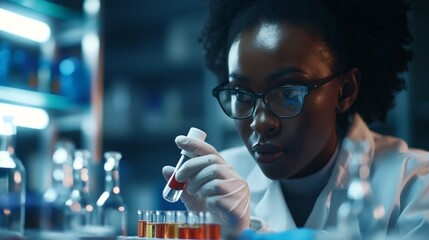 Female scientist in a laboratory examining a test tube with colorful liquid samples while wearing gloves and glasses.