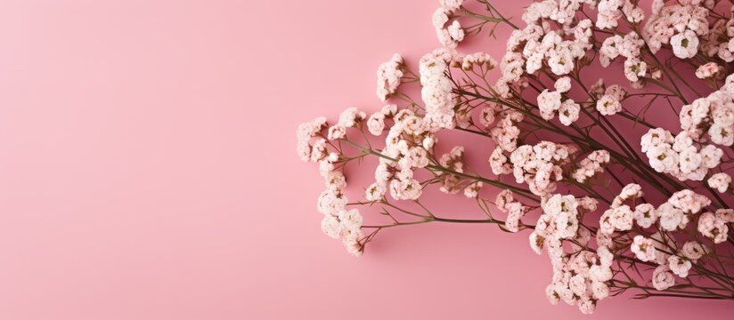 A stunning floral arrangement of small pink Gypsophila flowers laid flat on a pastel pink background with a top view and ample copy space for customization