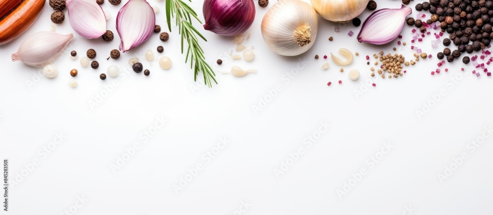Poster a view from the top of a white background shows a red onion surrounded by spices like rosemary garli