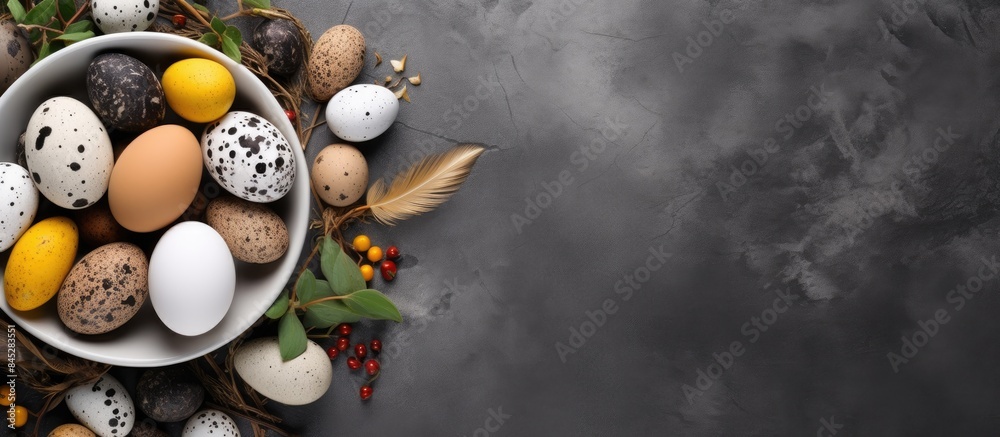 Aufkleber A flat lay view of Easter eggs chicken and quail eggs arranged in a bowl on a stone table with plenty of copy space for additional elements