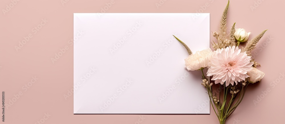 Poster a top down view of a holiday greeting card mockup featuring flowers on a light pink background with 