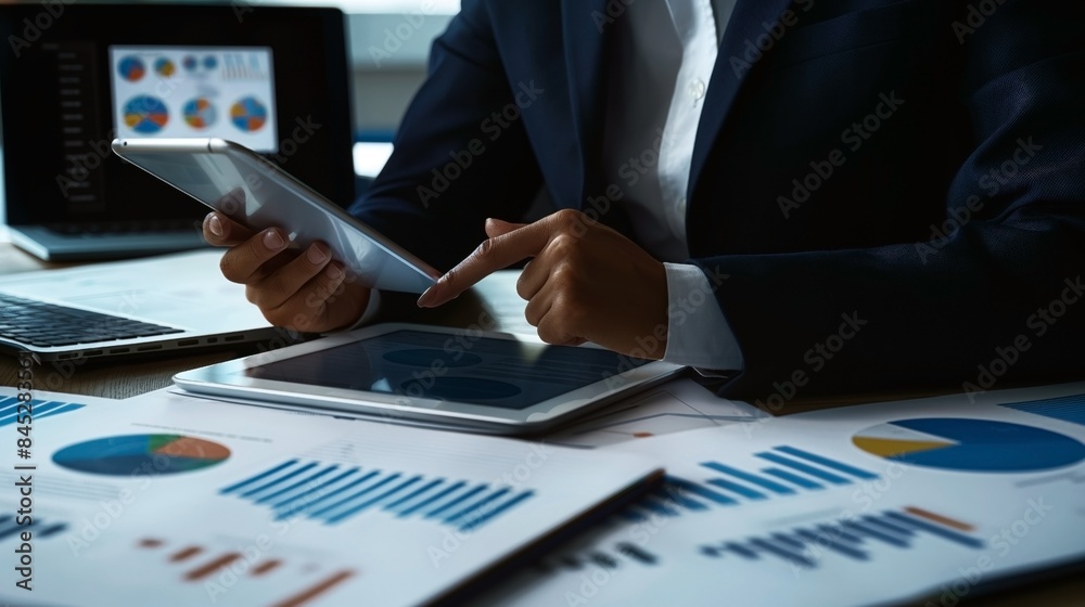 Sticker Business person analyzing financial data on a tablet, surrounded by graphs, charts, and a laptop in an office setting.