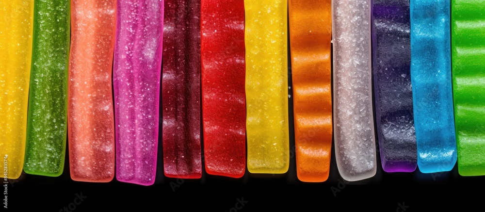 Poster Top view of rainbow sour jelly candy strips sprinkled with sugar The background features a colorful display with ample copy space for additional elements