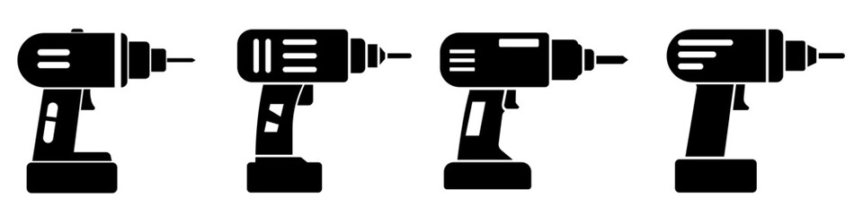 Drill icons set in flat design. Vector illustration of cordless drill icon. Concept of construction, diy, repair, and carpentry work