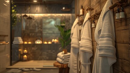 An elegant spa setting with soft, plush robes hanging on hooks, fluffy towels neatly folded, and a calm atmosphere, inviting viewers to unwind and pamper themselves.