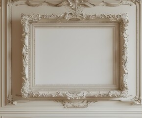 Rococo mockup blank white frame, on a cream wall.
