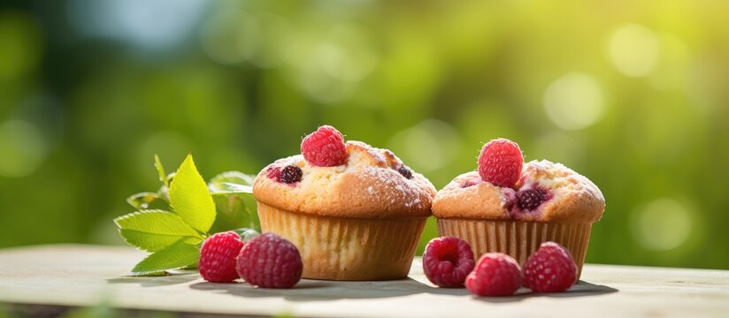 A mouthwatering summery scene with petite raspberry muffins on a vibrant green backdrop basking in the sunlit garden Perfect for confectionery blogs cafe banners and restaurant menus A tempting irres