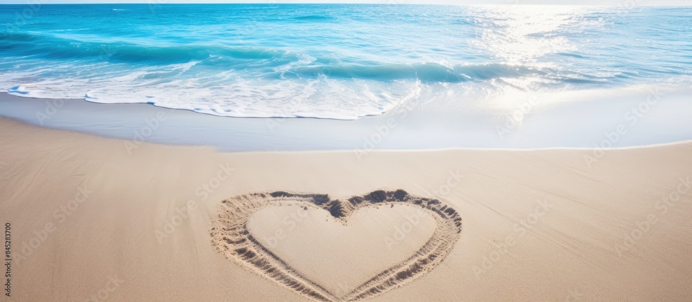 Poster a heart shaped drawing etched on a sandy beach with a serene ocean in the background and a top down 