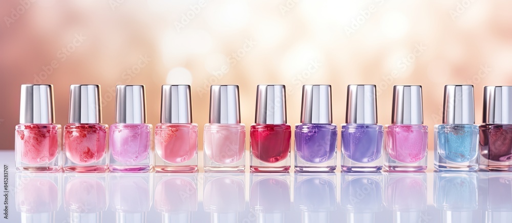 Poster fashion forward nail polishes in stunning colors boasting shine and reflections arranged with care i