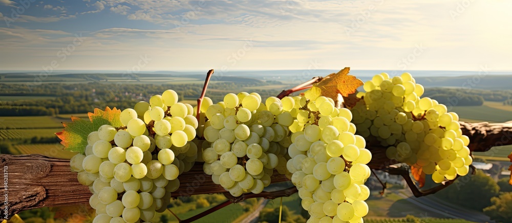 Poster a close up of fresh white grapes growing on a grapevine in autumn set against a panoramic background