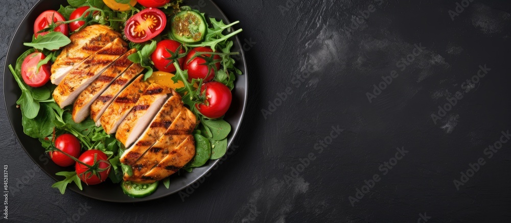 Aufkleber A salad consisting of grilled chicken breast tomato spinach asberg radichio and arugula is presented on a stone background creating a visually appealing copy space image