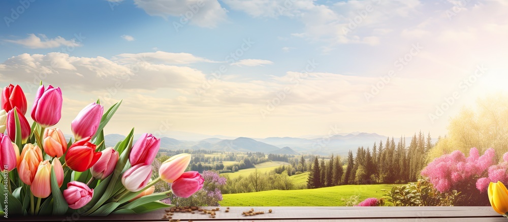 Aufkleber A wooden table serves as a backdrop for a picturesque scene featuring a bouquet of tulips and gift boxes creating a visually appealing copy space image